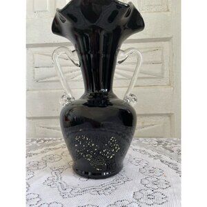 Vintage MCM Japan Kamei Black Glass Vase Ruffled Handles Gold Foil Heart